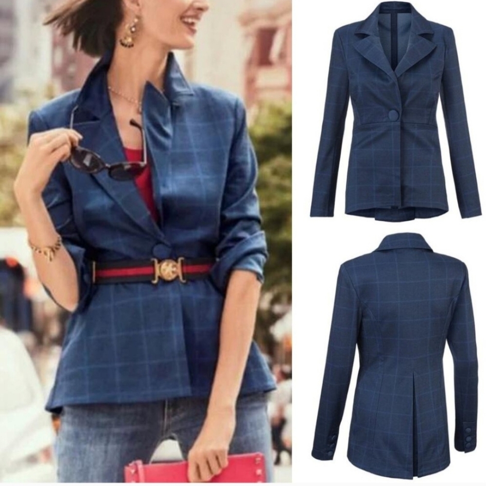 Cabi Women's Sunset Kiss Plaid Blazer Jacket Navy Blue Windowpane 5475